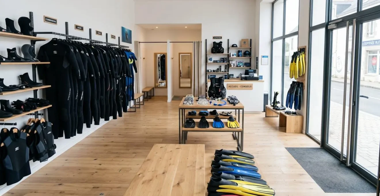 Vue d'ensemble d'une boutique de plongée moderne avec des rayonnages bien organisés d'équipements et un espace d'essayage lumineux