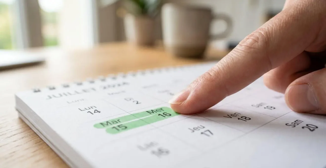 Gros plan d'une main pointant sur un calendrier papier moderne où les jours mardi et mercredi sont surlignés en vert, sur une surface de bureau épurée avec lumière naturelle