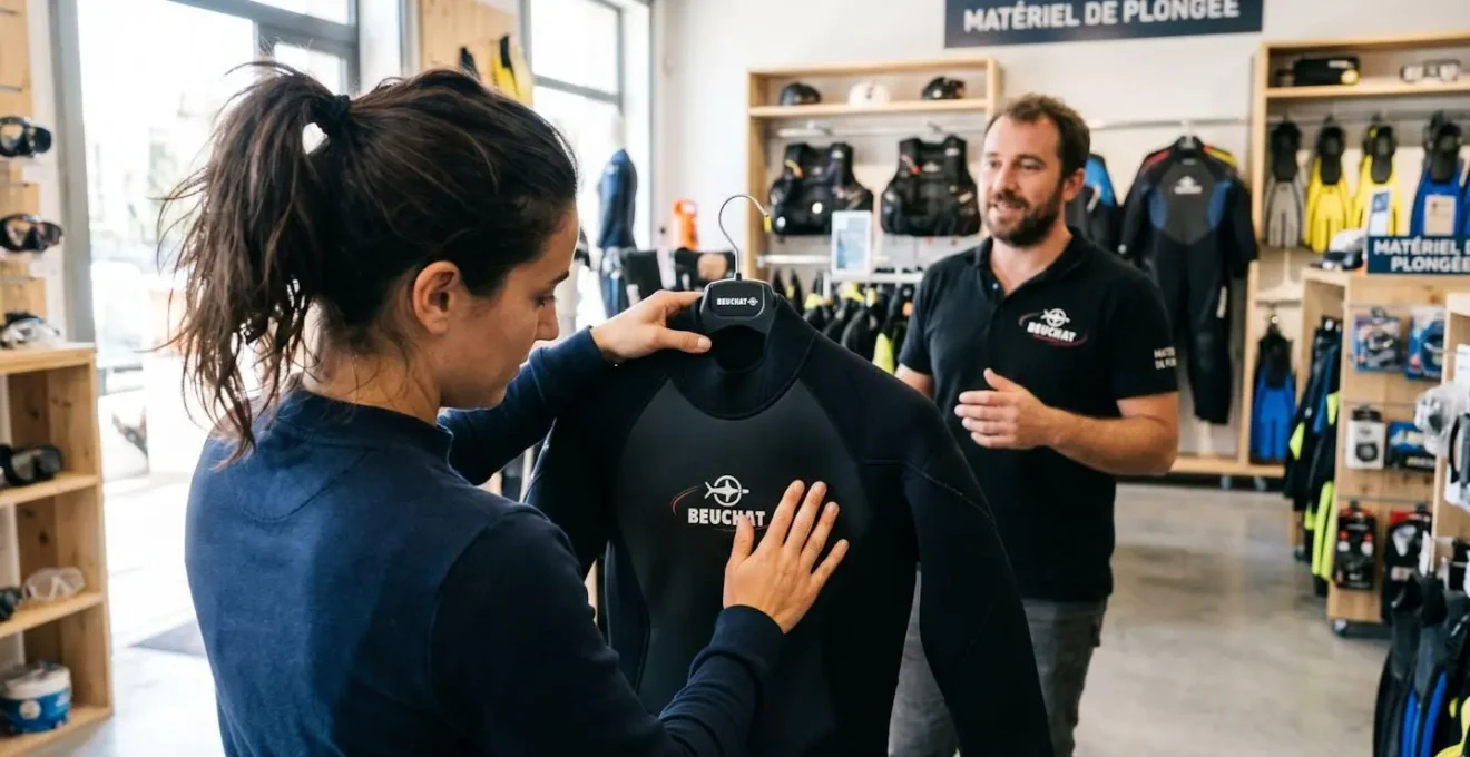 Un client examine une combinaison de plongée avec un vendeur en arrière-plan dans une boutique moderne bien éclairée