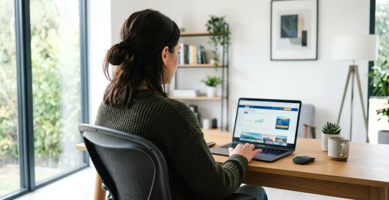 Vue par-dessus l'épaule d'une personne consultant un site de réservation ferry sur un ordinateur portable dans un intérieur moderne lumineux, écran complètement flouté