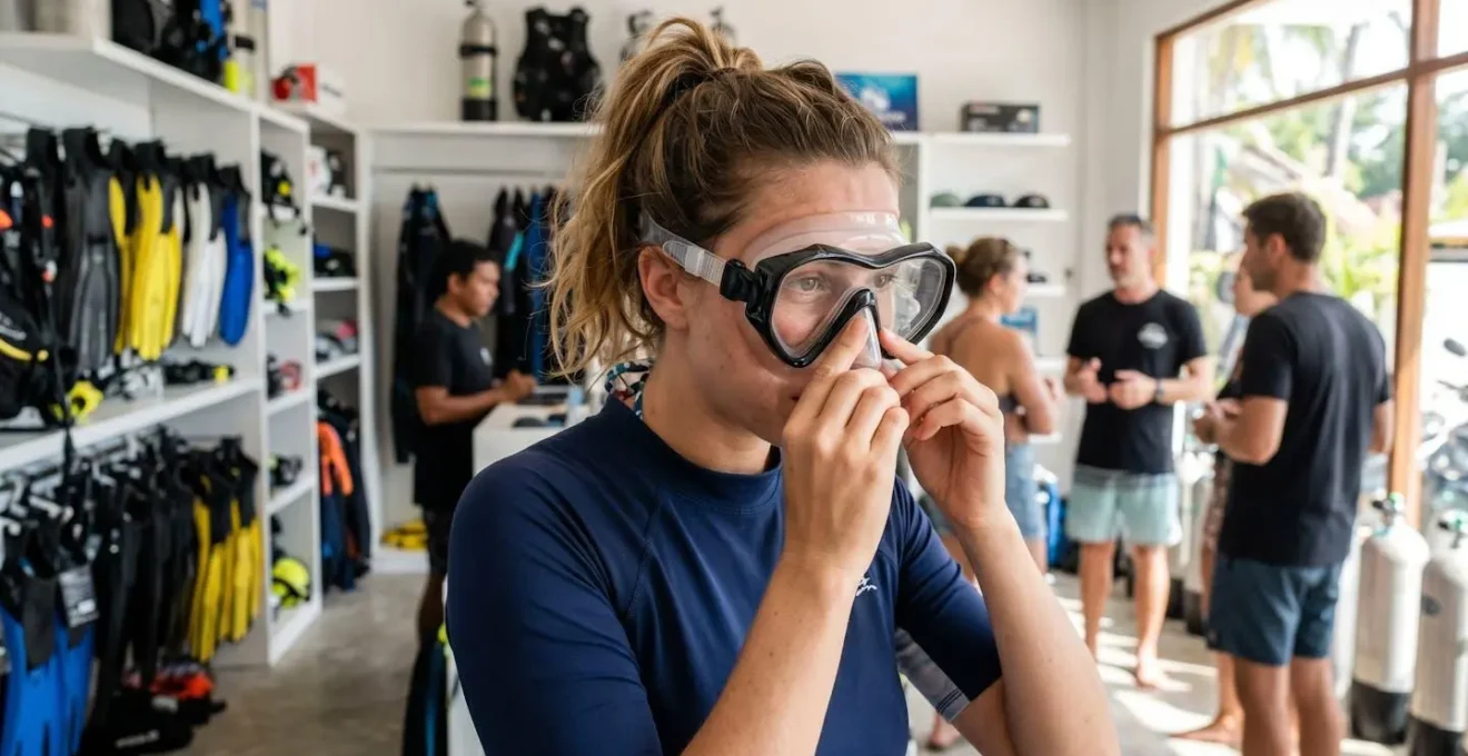 Une femme de profil ajuste la sangle de son masque de plongée dans une boutique moderne avec un vendeur légèrement visible en arrière-plan flouté