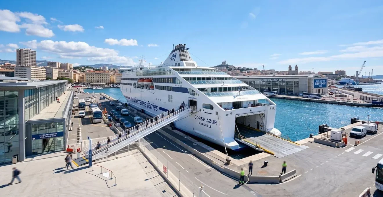 Vue d'un port méditerranéen moderne avec un grand ferry blanc amarré le long du quai, passerelle d'embarquement déployée et infrastructure portuaire contemporaine sous un ciel bleu lumineux