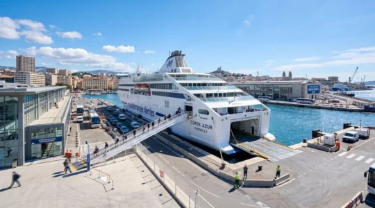 Vue d'un port méditerranéen moderne avec un grand ferry blanc amarré le long du quai, passerelle d'embarquement déployée et infrastructure portuaire contemporaine sous un ciel bleu lumineux