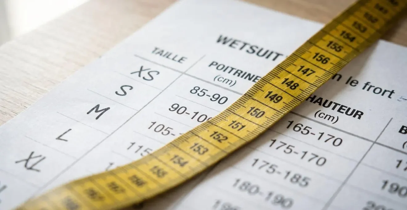 Gros plan sur un tableau de tailles de combinaison avec un mètre-ruban posé à côté sur un comptoir de boutique moderne