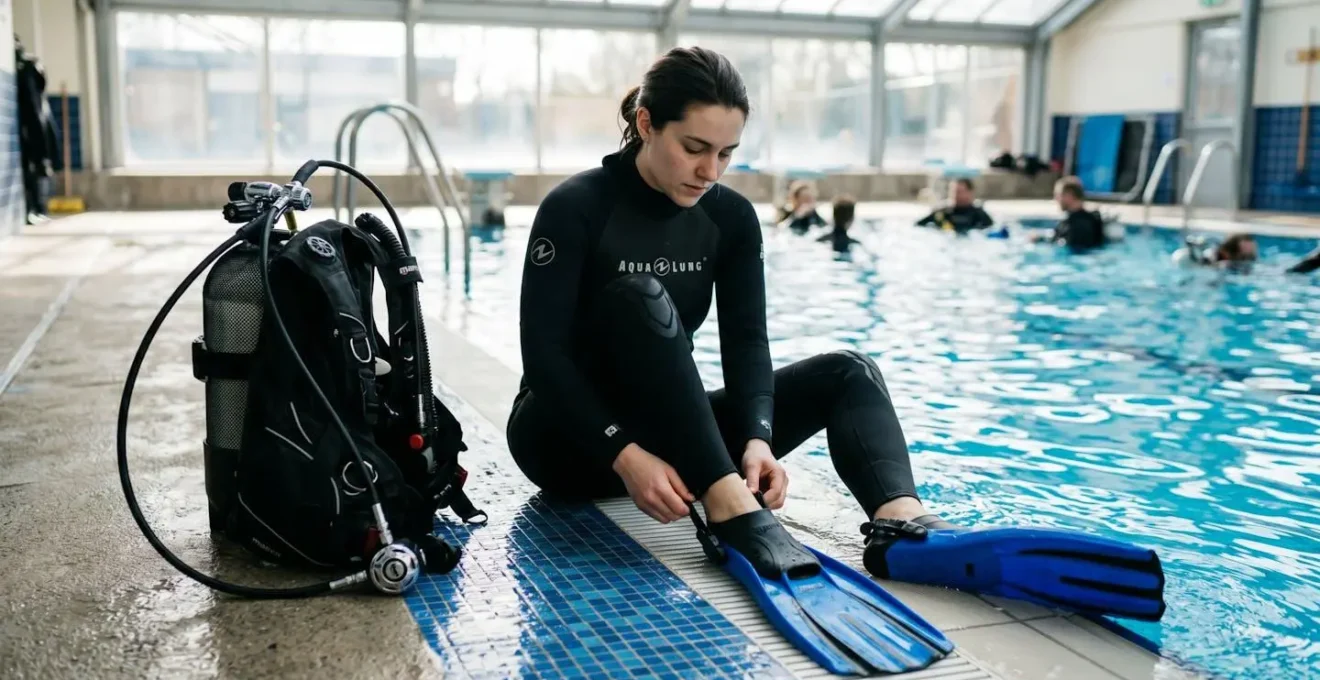 Plongeuse au bord d'une piscine ajustant ses palmes réglables, gilet stabilisateur et détendeur visibles