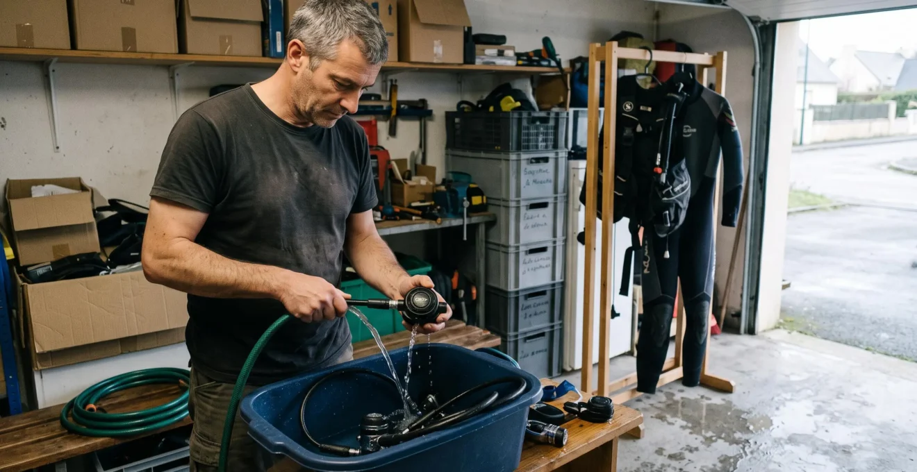 Un plongeur rince son détendeur de plongée à l'eau douce dans un bac, dans son garage après une sortie.