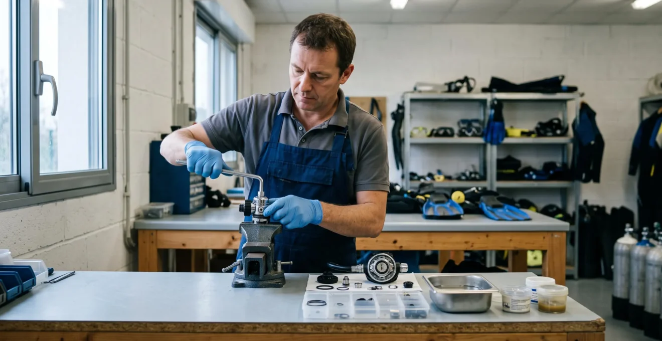 Un technicien révise un premier étage de détendeur de plongée fixé sur un étau dans un atelier français.