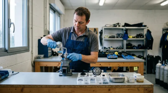 Un technicien révise un premier étage de détendeur de plongée fixé sur un étau dans un atelier français.